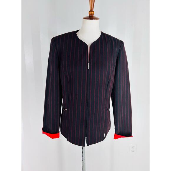 PERCEPTIONS Women’s Black/Red Pinstripe Zip Jacket Sz 14 - Picture 1 of 10